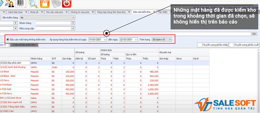 Tính năng lọc báo cáo kiểm kho trên salesoft
